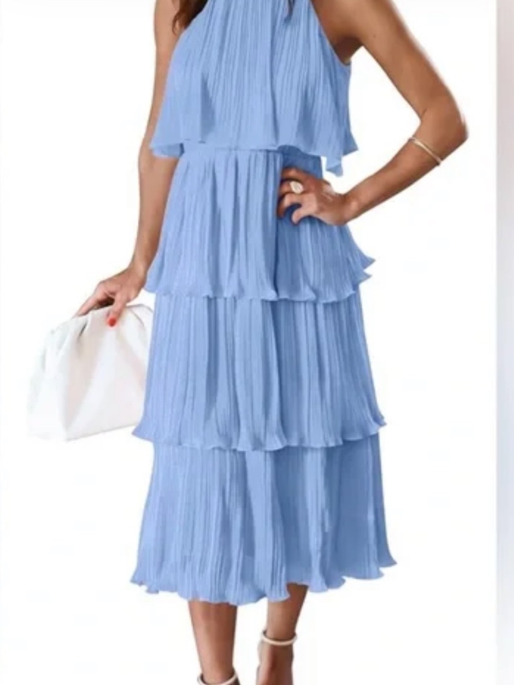 Zesica Periwinkle Halter Tie In Back Of Neck, Tiered Pleated Midi Dress Sz Lg